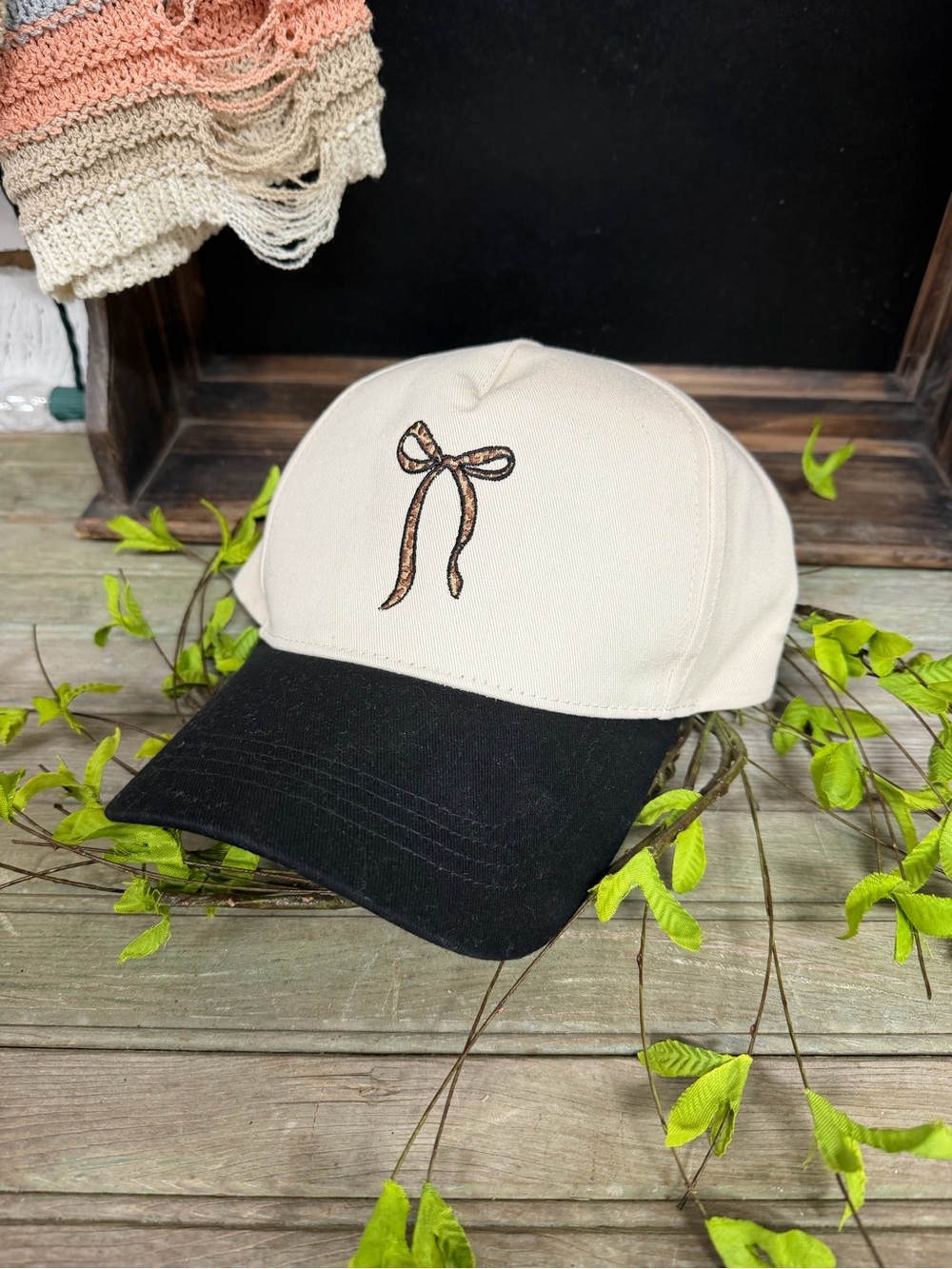 New Two-Tone Bow Embroidered Baseball Cap - Black & Cream altard state
